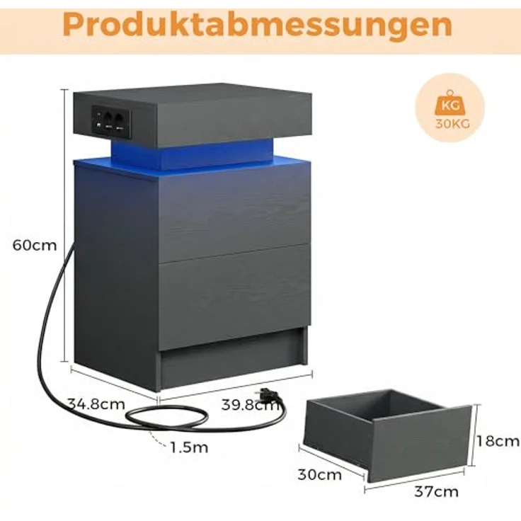 IRONCK Nachttisch 2er Set mit LED-Lichtern & 2 AC-Steckdose, Beistelltisch mit USB+Typ-C Anschlussen, Nachtschrank mit 2 Schubladen, Sofatisch für Schlafzimmer, Wohnzimmer, Grau – Bild 4