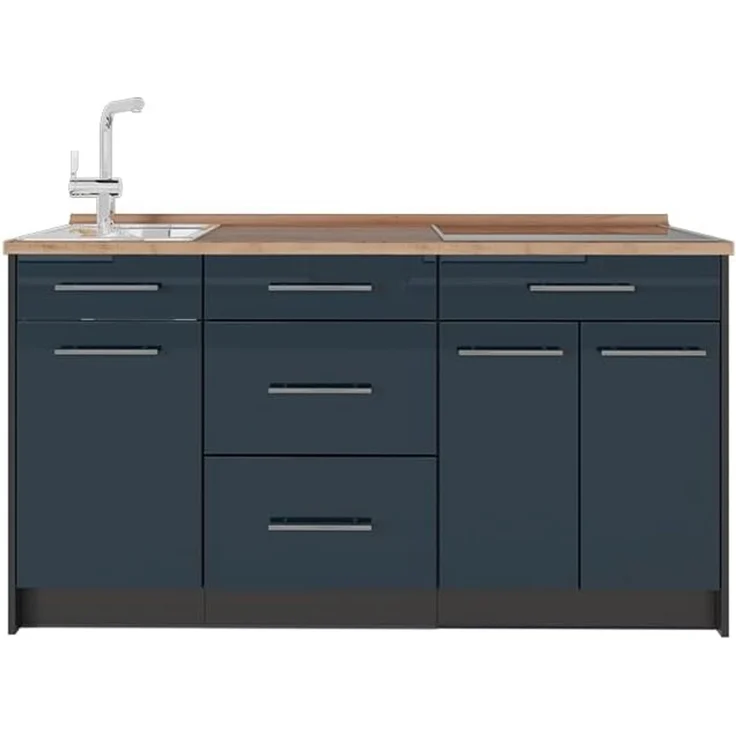 Küchenblock Fame-Line Dunkelblau Hochglanz 150 cm, AP Eiche Vicco – Bild 1