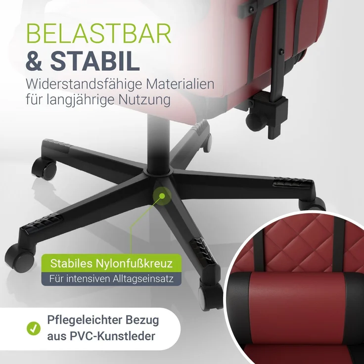 Juskys Gamingstuhl HyperSeat, verstellbare Rückenlehne, höhenverstellbarer Drehstuhl, Kunstleder, ergonomisch, für Büro & Gaming Setup – Bordeaux/schwarz – Bild 6