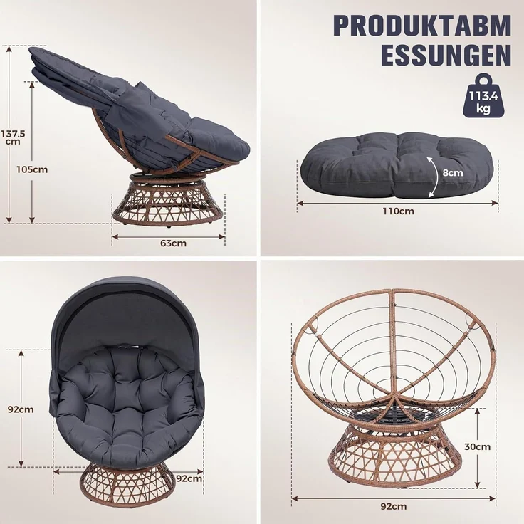 COMHOMA Papasansessel, gemütlicher Drehsessel mit Kissen rund, bequemer Rattansessel, Loungesessel drehbar, runder Relax Korbsessel Rattan für Wohnzimmer, Leseecke, Lounge - grau – Bild 3