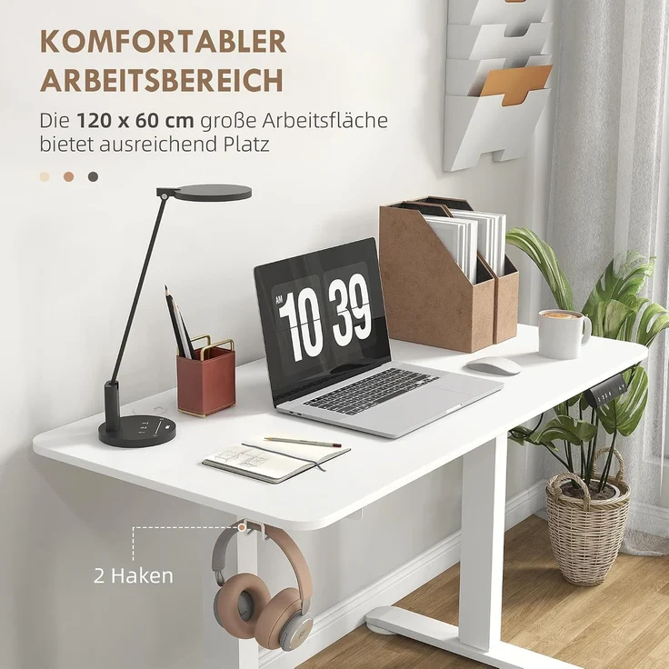 Vinsetto Höhenverstellbarer Schreibtisch Elektrisch 120x60 cm, Weiß | Computertisch, 4 Memory-Steuerung, Ergonomisch Steh-Sitz Tisch, Anti-Kollision, 2 Haken – Bild 6