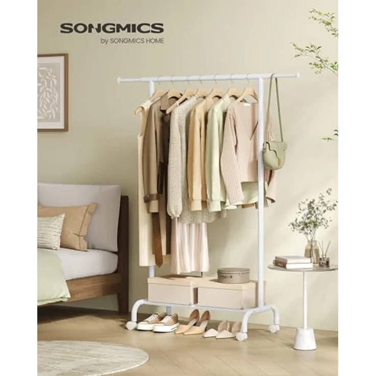 SONGMICS Kleiderständer auf Rollen, ausziehbare Kleiderstange, Garderobenständer aus Stahlrohren, erhöhte Ablagestange, 40 x (83-120) x 156 cm, wolkenweiß HSR134W01 – Bild 3