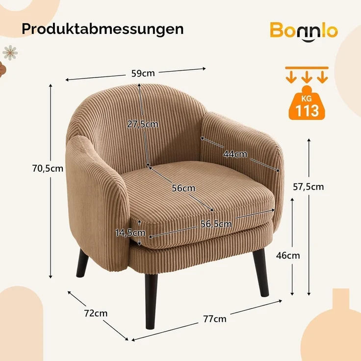 Sessel Cocktailsessel Loungesessel Lesesessel 113kg Cord-stoff Khaki – Bild 2