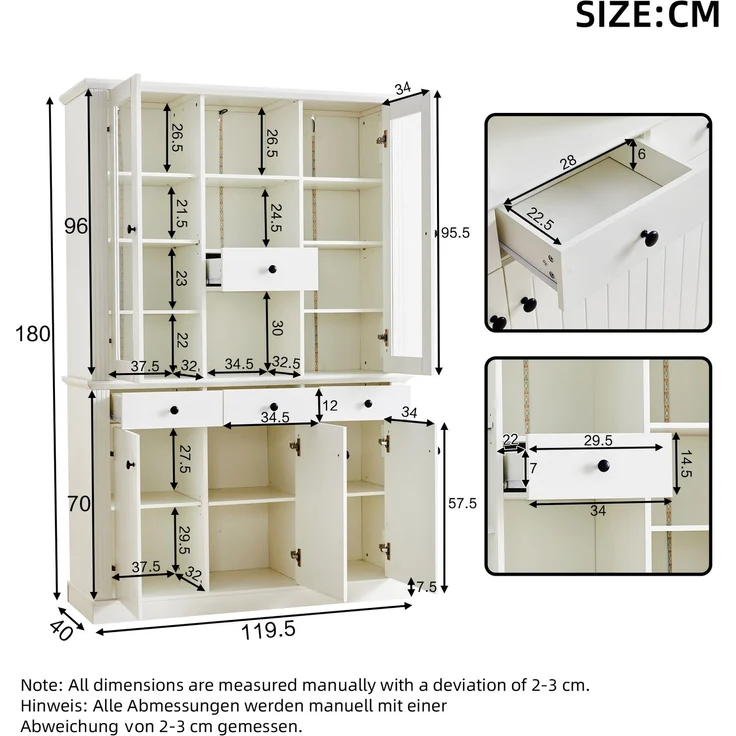 Vitrine 119,5x40x180 cm in Weiß mit LED, 5 Türen und 4 Schubladen – Bild 5