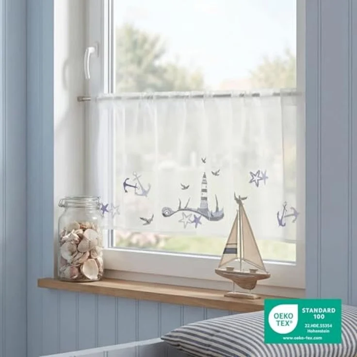 Delindo Lifestyle Scheibengardine Leuchtturm maritim, 45x115 cm (1 St), Stangendurchzug, halbtransparent, glattes Gewebe, leicht aufzuhängen per Stangendurchzug – Bild 3