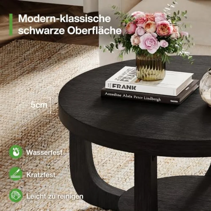 LITTLE TREE Runder Couchtisch 80 cm, 2-stöckiger Wohnzimmertisch mit Ablage | Landhausstil Kaffeetisch, Holz‑Optik Tisch für Wohnzimmer, Schlafzimmer und Lounge, Schwarz – Bild 3