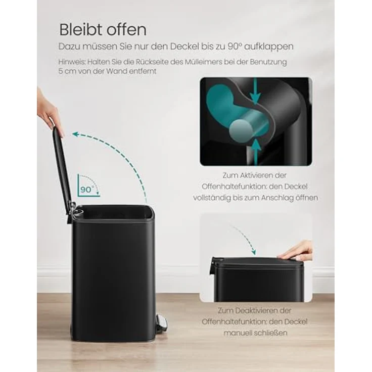 Songmics Mülleimer Küche, 20 Liter Abfalleimer, Tretmülleimer, Stahl, mit Inneneimer, Softclose, Offenhaltefunktion, tintenschwarz LTBDE592B02 – Bild 9