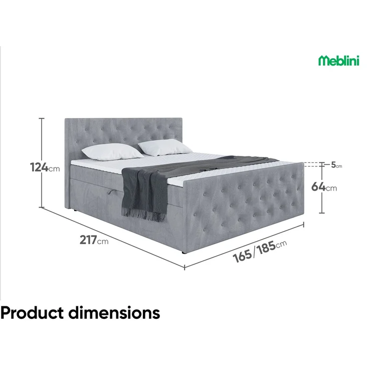 MEBLINI Boxspringbett PEDRO 180x200cm - H3B/Grau Samt - mit Bettkasten - Polsterbett - Doppelbett mit Topper & Bonellfederkern-Matratze – Bild 7