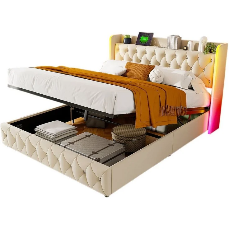 FUROKOY Stauraumbett Hydraulisches Funktionsbett (1-tlg, Polsterbett Doppelbett 160x200 cm mit Kopfteil und Ladeanschluss), Vintage-Knopfdesign, Ohne Matratze, Samt, Beige – Bild 5