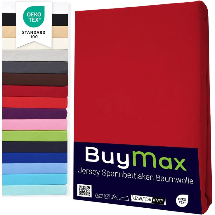 Buymax® Spannbettlaken 90x200 cm Baumwolle 100% Spannbetttuch Bettlaken Jersey, Matratzenhöhe bis 25 cm, Farbe Rot – Bild 1