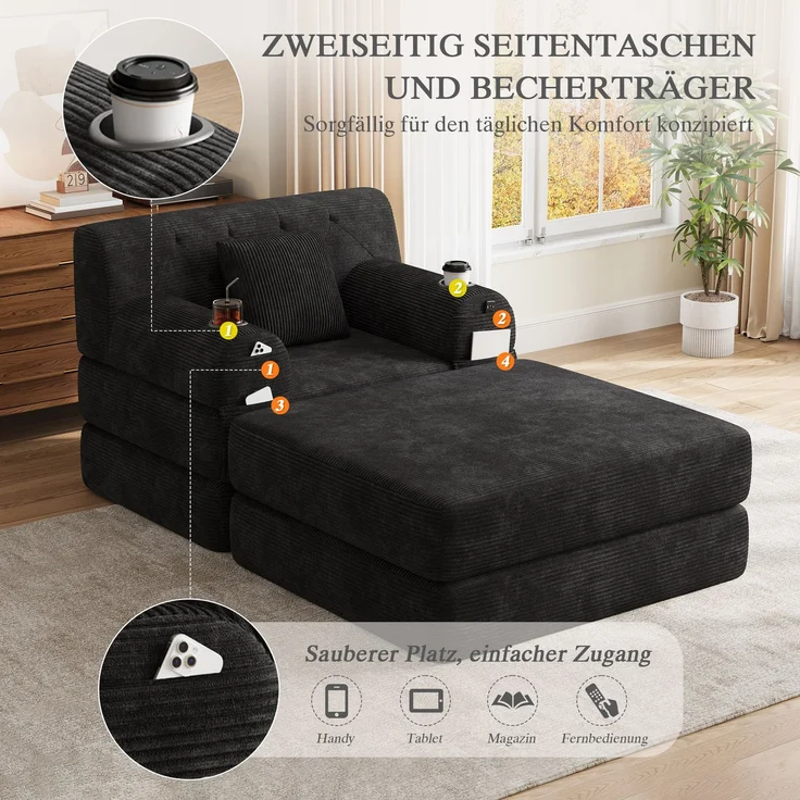 ZUBALIYA Schlafsofa 162x81 cm, mit Stauraum, mit Samtbezug, mit Cordbezug, mit Knopfheftung, mit breiten Armlehnen, Schwarz – Bild 8