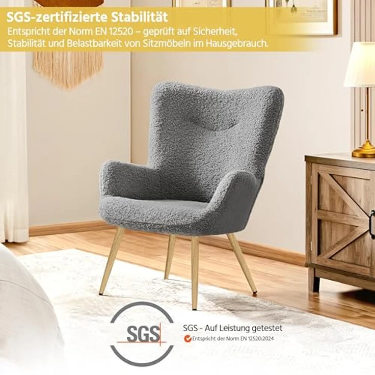 Yaheetech Ohrensessel eleganter Armsessel Polsterstuhl mit klappbare Rückenlehne Lehnsessel bis 136 kg belastbar Sessel fürs Wohnzimmer/Schlafzimmer Grau – Bild 6