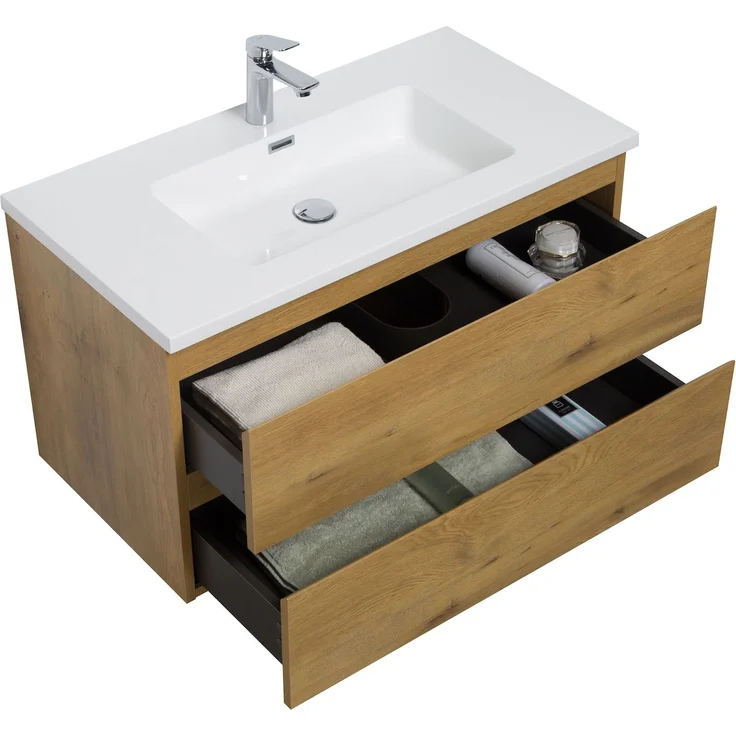 Badplaats Badmöbel Set mit Waschbecken und Unterschrank Angela 90 x 48 cm Eiche - Waschbeckenunterschrank mit Soft-Close und Waschbecken, Vorgemontiert – Bild 2