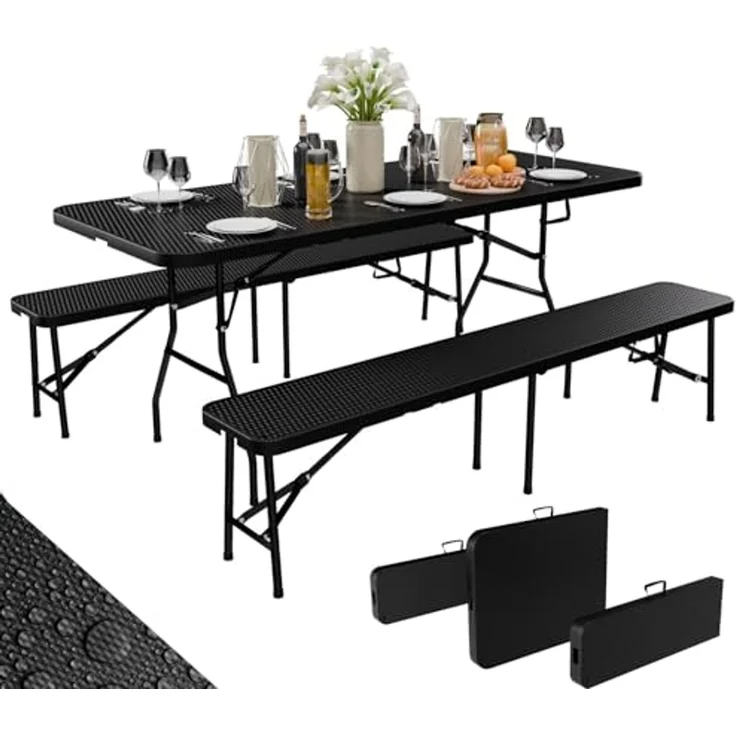 24Move Gartentisch Bierzeltgarnitur 3er-Set, Klappbarer Tisch und Bänken im Rattan-Optik (für innen & außen, belastbar bis 150 kg, 3-teilig, mit 2 Sitzbänken und 1 Tisch), Festzeltgarnitur, wetterfest und pflegeleicht – Bild 1