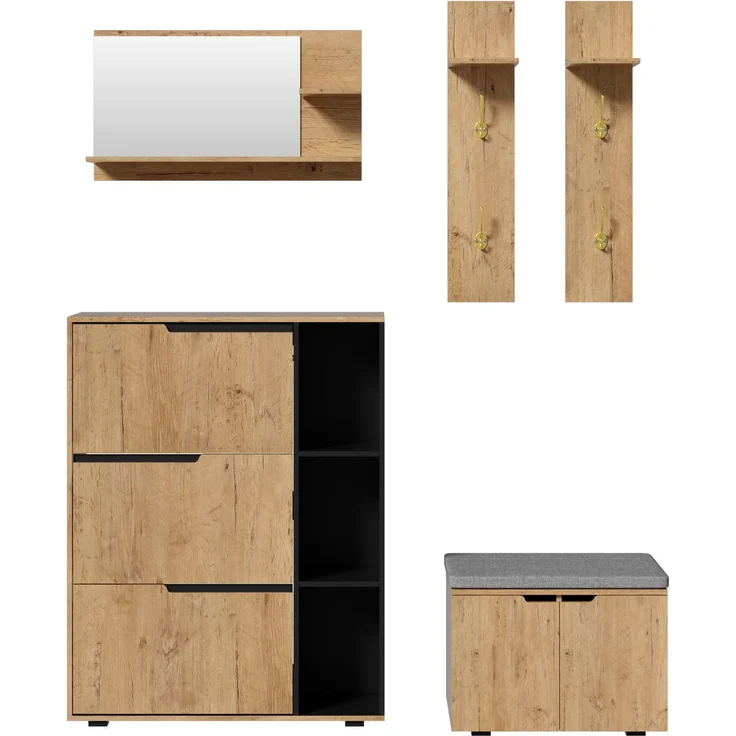 DESVIAE Garderobenschrank-Set Schwarz/Natur aus Spanplatte – 150x161,5x35 cm – Spiegel, Schuhbank, Haken – Bild 8