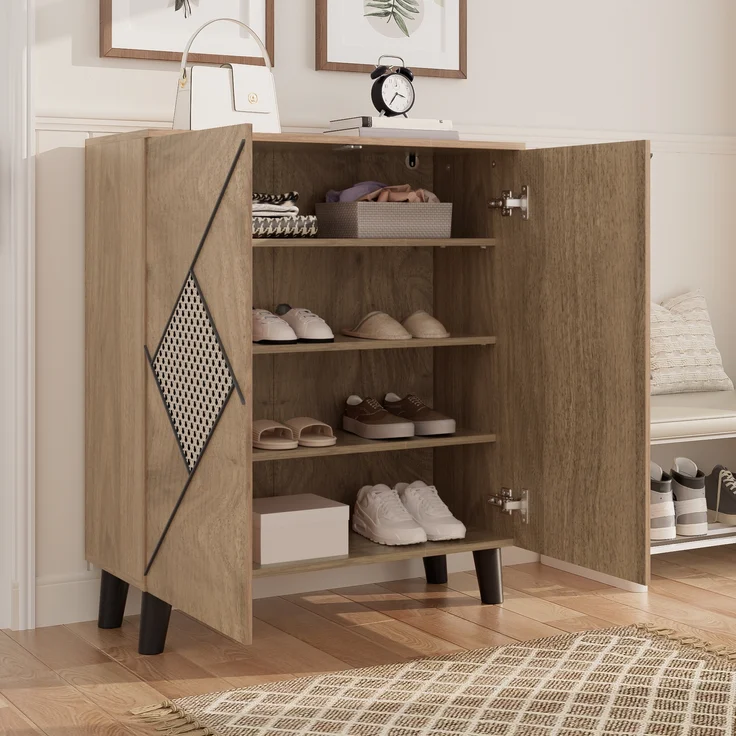 Merax Schuhschrank mit dekorativem Rattanmuster, 80×32×91 cm, stilvoller Flurschrank mit Stauraum, Holzoptik – Bild 6