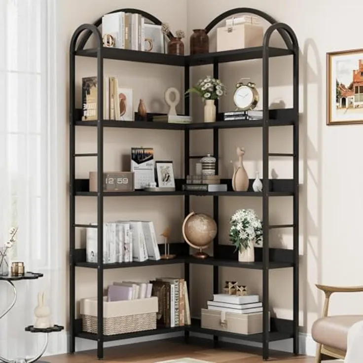 GarveeLife 5-Stufige Eckbibliothek, Bibliothek Aufbewahrun-l-Förmige Eckregal, Stehregal & Aufbewahrungsregal Für Wohnzimmer, Schlafzimmer, Büro & Arbeitszimmer 78p x 78l x 174h-Schwarz