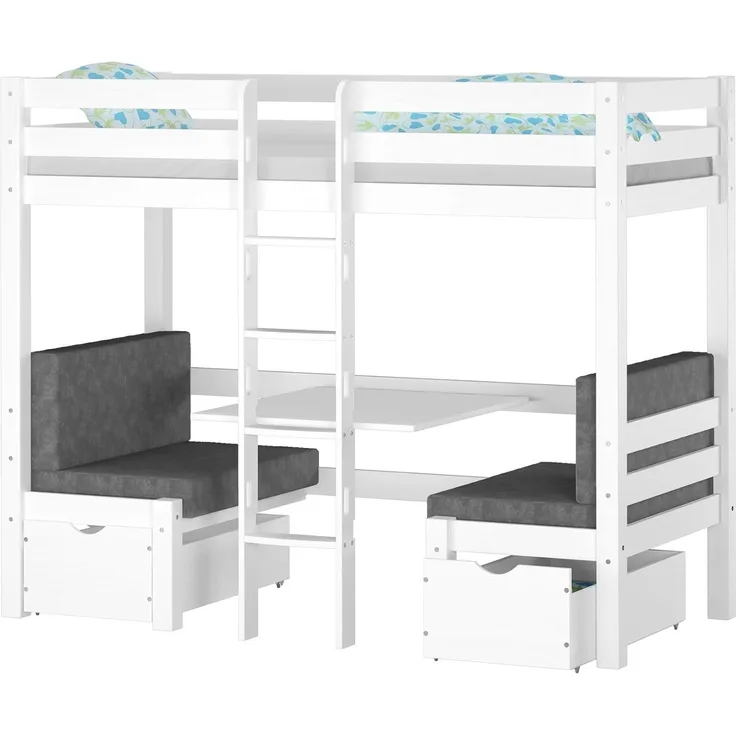 Weißes Hochbett mit Sitzbank und Tisch, Kinderetagenbett 90x200cm wählbares Zubehör V-60.22W-09mit Rollrost und Polster