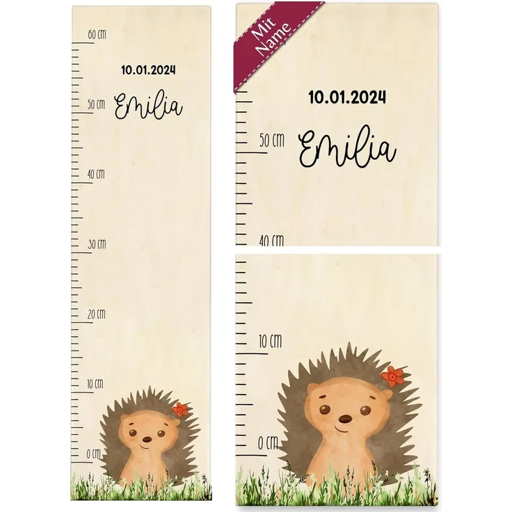Messlatte Kinder - Igel mit Name und Datum Igelmotiv Kindermesslatte Babymesslatte Jungen Mädchen - 0-60 cm - Holz