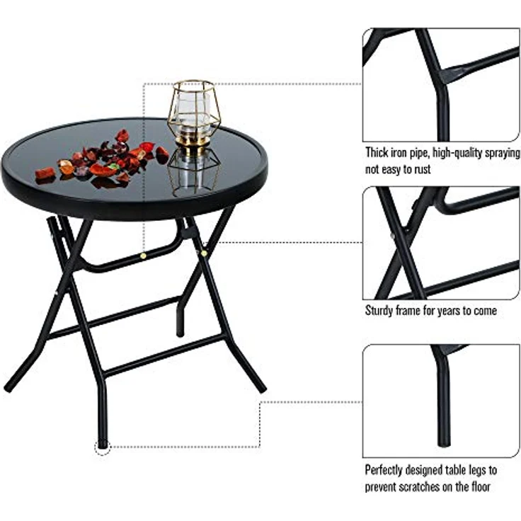 PHI VILLA Klappbar Runder Beistelltisch Glas aus Metall Gartentisch Kaffeetisch Klein Balkontisch wetterfest pflegeleicht für Balkon Garten Terrasse Wohnzimmer – Bild 6