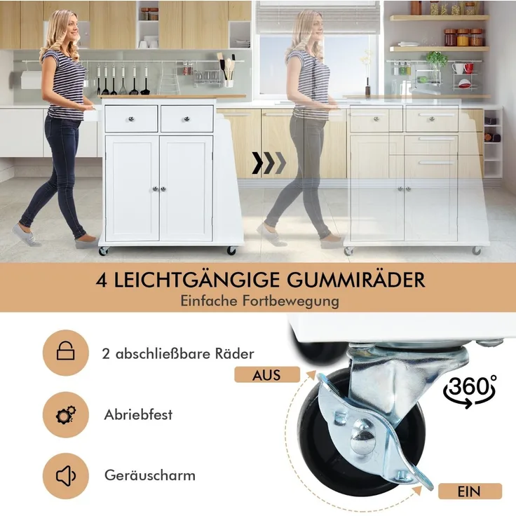 Kücheninsel mit Stauraum Rollender Servierwagen aus Gummiholz 88 x 46 x 89,5 cm Weiß