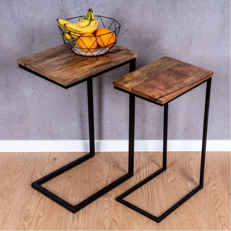 Levandeo® Couchtisch, 2er Set Beistelltisch Mango Natur Eisen Schwarz Design Holz – Bild 3