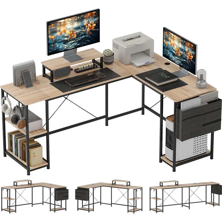 JARDJ Wendbarer modularer Eckschreibtisch 168–240 cm im Industriestil – mit verstellbarem Regalboden, Aufbewahrungstasche und Monitorständer, Braun