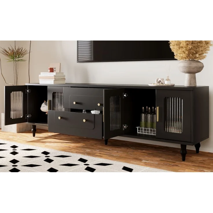 Lowboard 175x38x55,5 cm mit geriffelten Glastüren und goldenen Griffen – elegantes TV-Möbel – Bild 5