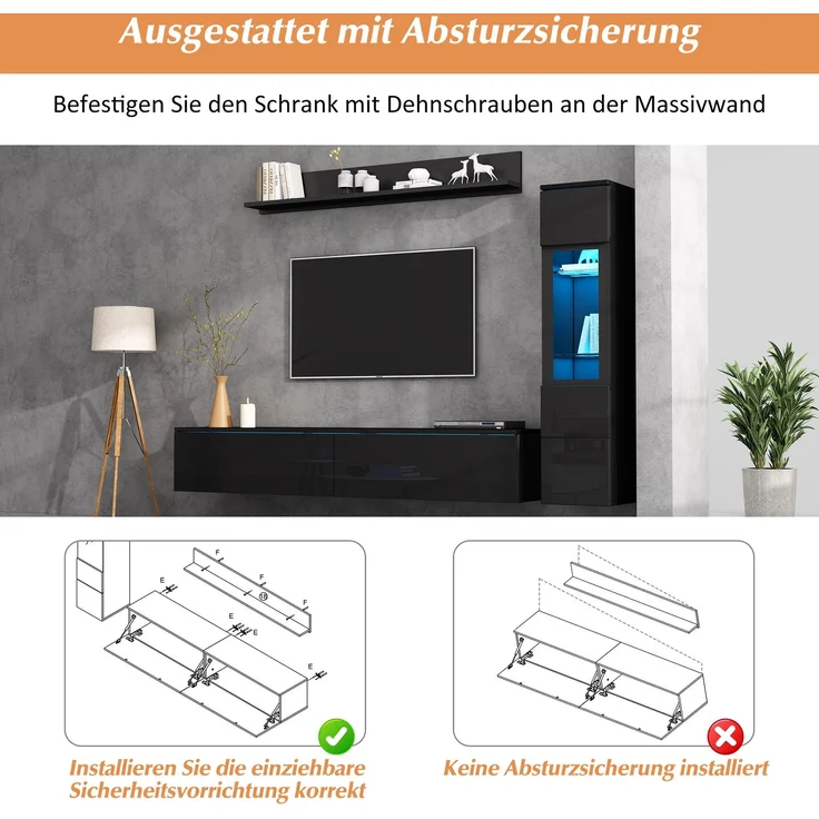 Flieks Wohnwand 3-teilig mit RGB-LED, TV-Lowboard, Vitrine und Wandregal für TVs bis 80 Zoll, Hochglanz Schwarz – Bild 8