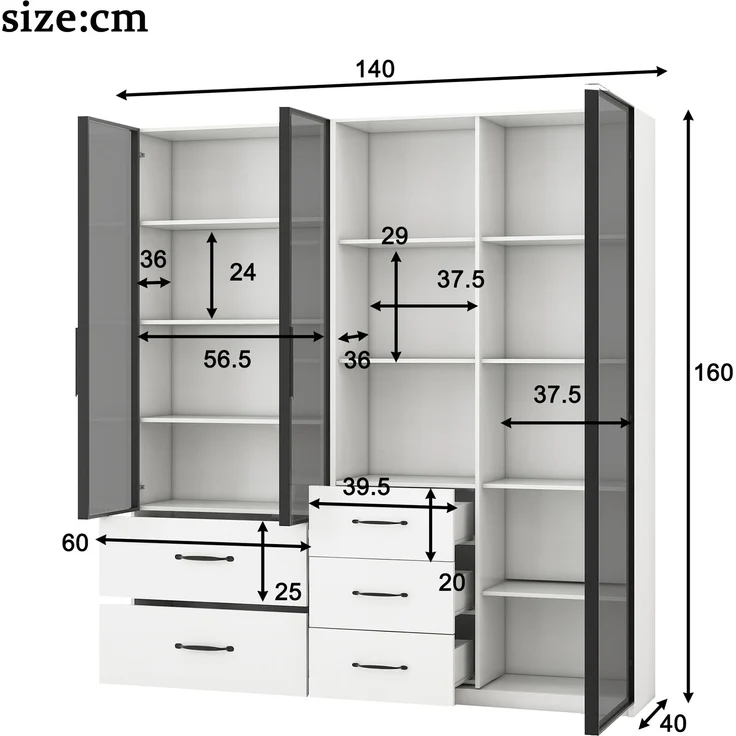 Modulare Vitrine B 140 x T 40 x H 160 cm mit LED, Glasfront und Schubladen – Bild 4
