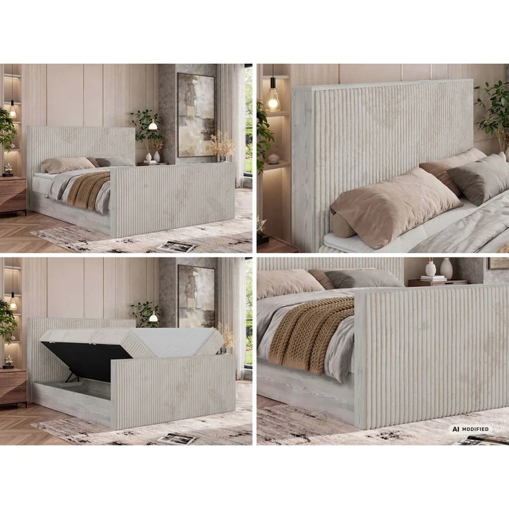 Boxspringbett NORDIC DUO 160 x 200 cm mit Matratze H3, hohe Kopfteil Doppelbett inkl. Topper Visco Holzoptik zwei Bettkästen - Beige Cord – Bild 2