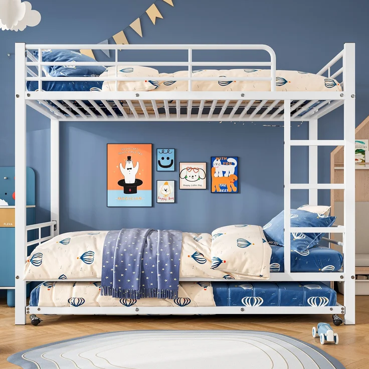 Bett 90x200/90x190 cm Etagenbett mit Ausziehbett, Weiß, Metall – platzsparend und EN-747-zertifiziert – Bild 1