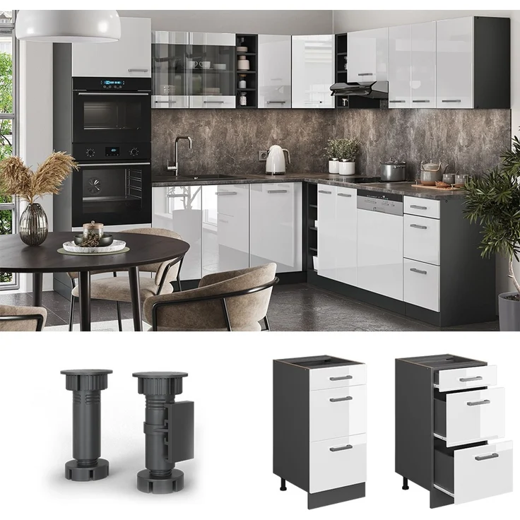 Küchenunterschrank R-Line Weiß Hochglanz 40 cm AP Marmor Vicco – Bild 2