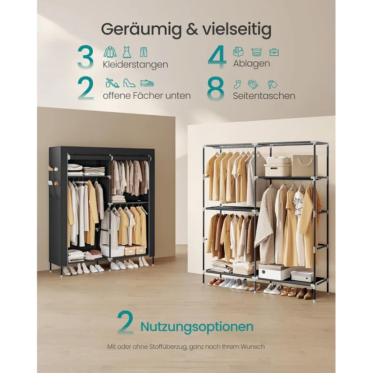 SONGMICS Stoffschrank mit Kleiderstange, Kleiderschrank mit Seitentaschen, Schrank für Schlafzimmer, 3 Hängefächer, schwarz – Bild 3