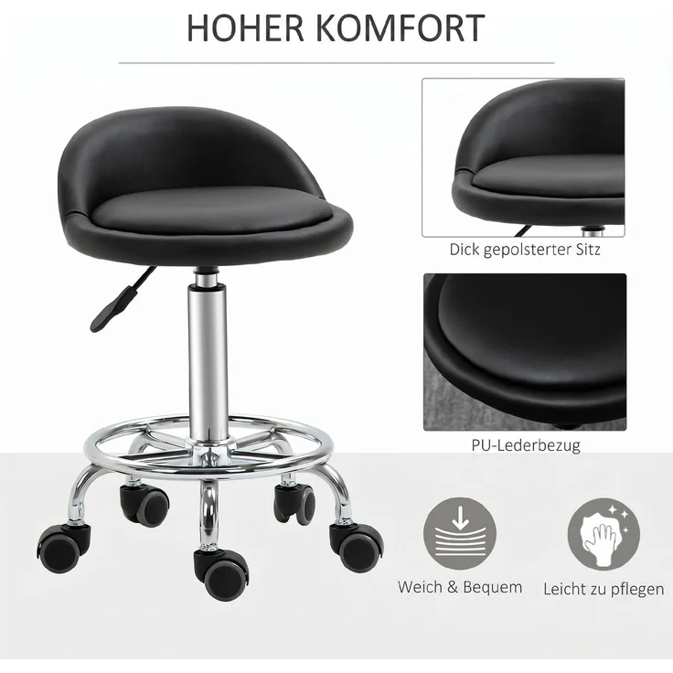 MELAYR, Rollhocker mit Rückenlehne 57-72 cm höhenverstellbar Drehhocker für Büro Salon Massage, Schwarz – Bild 6