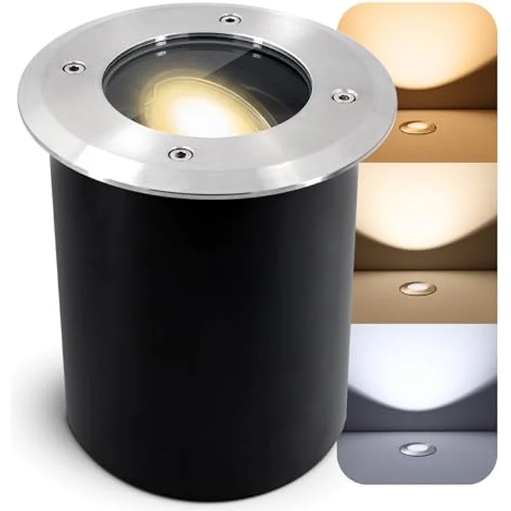 SSC-LUXon JUAVI Bodeneinbauleuchte Außen, IP67 LED Bodenstrahler rund silber 230V befahrbar, inkl. GU10 LumiFLEX 5W LED mit 3 Lichtfarben – Bild 1