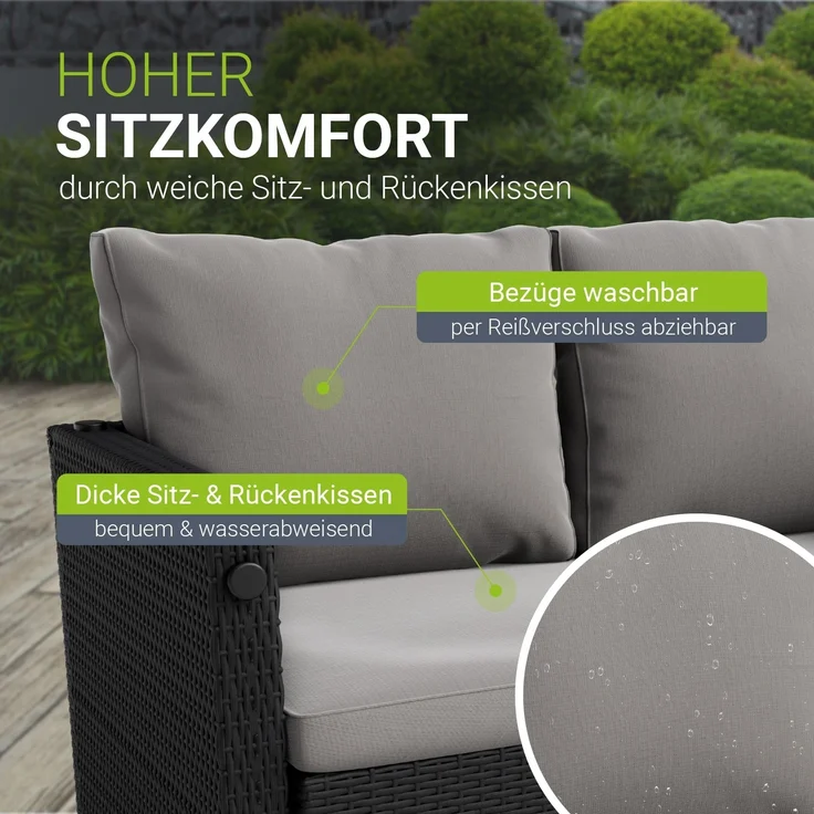 Juskys 2in1 Polyrattan Relax Gartenmöbel Set Jamaika - Tisch, Gartenlounge Sofa - Balkonmöbel Sitzgruppe für Balkon, Garten - Outdoor Lounge schwarz / grau – Bild 5