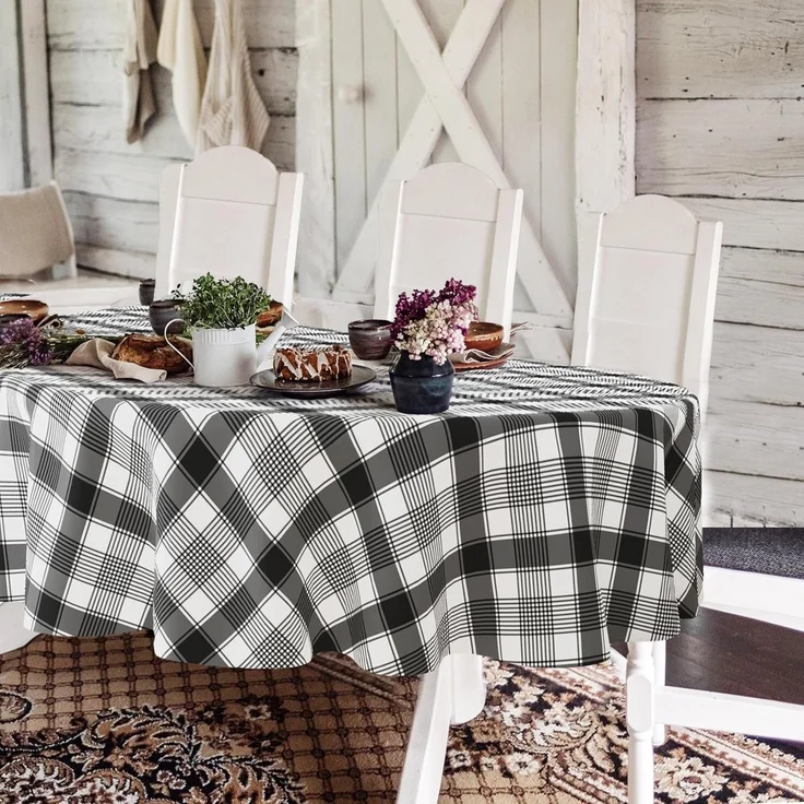 Buffalo Plaid ovale Tischdecke 152,4x213,3 cm, schwarz-weiß, rustikal im Landhausstil. Wasserdicht, Polyester, perfekt für Bauernhaus, Küche, drinnen & draußen, Partys und Picknicks – Bild 1