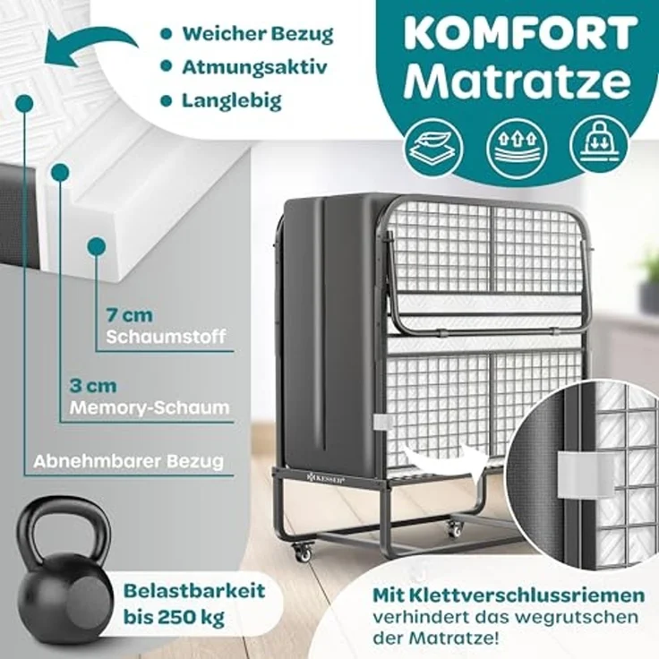 KESSER® Klappbett 200x90cm Gästebett inkl. Matratze aus Memory-Schaum & Rollen | faltbares Reisebett mit Metallrahmen für Erwachsene belastbar bis 250kg | Metallbett mit Schaumstoffmatratze & Cover Anthrazit / Weiß, Deluxe Plus – Bild 5