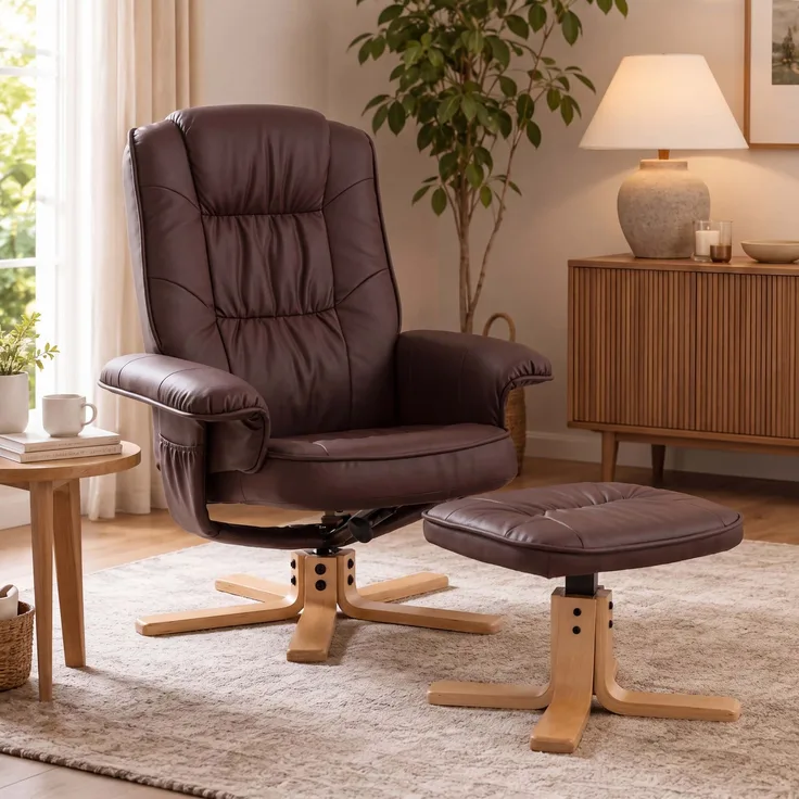 Relaxsessel M56, Fernsehsessel TV-Sessel mit Hocker Ottomane, Kunstleder Eukalyptus Holz FSC®-zertifiziert ~ rot-braun