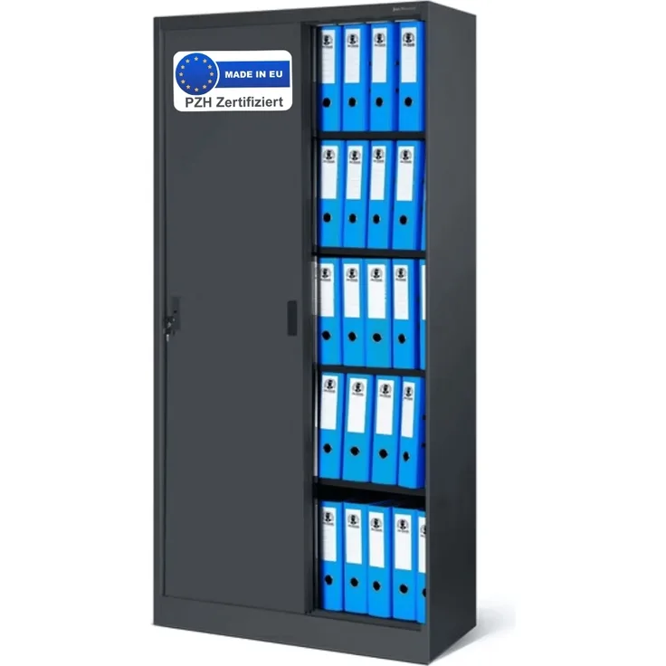 Aktenschrank abschließbar ROLF - Schiebetüren, 5 Ebenen | Büroschrank aus Stahl Metallschrank Werkstatt Mehrzweckschrank Werkzeugschrank, 185x90x40cm Anthrazit