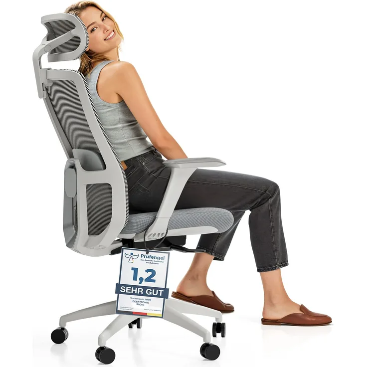 Desktronic Bürostuhl Verstellbarer Ergonomischer SitOne, Grau 4-Dimensional Armlehne, Integrierte 4-Wege-Lendenwirbelstütze