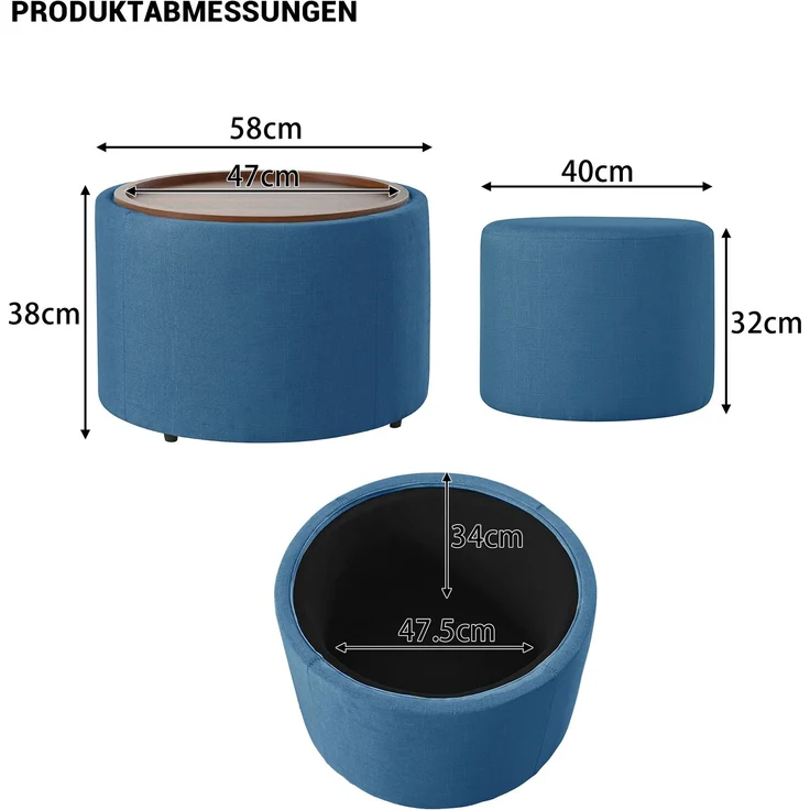 Hocker-Set, 2-teilig, 38x58x58 cm, Leinen Blau, Stauraum & Holztablett – Bild 5