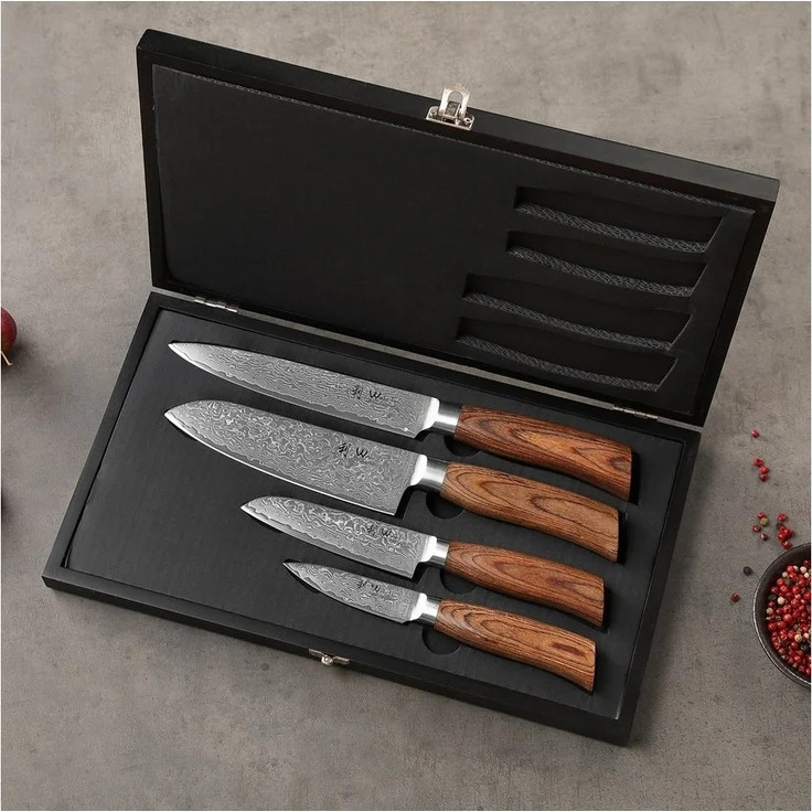 Wakoli Messer-Set Edib Pro 4 Damastmesser I Kochmesser Küchenmesser I 8-17cm Klingen (Damastmesser mit Geschenkbox, 4-tlg, 4er Damastmesser-Set mit Holzbox), 67 Lagen Damaststahl, VG-10 Stahlkern – Bild 2