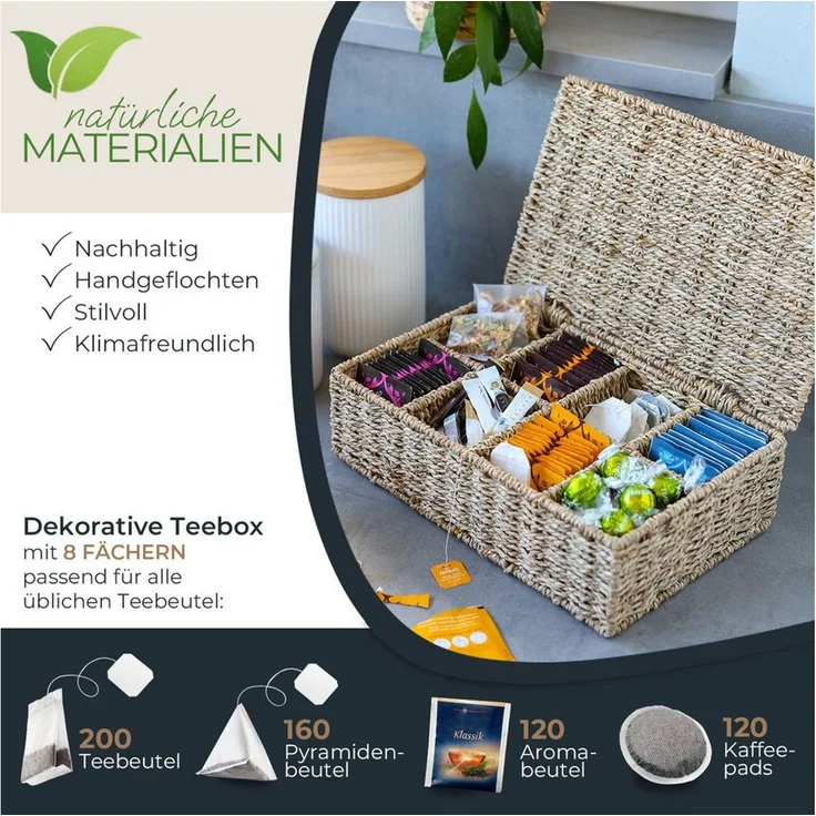 HMF Teebox Teebox aus Seegras mit 8 Fächern, Aufbewahrung von Teebeuteln, Seegras, Aufbewahrungskorb als Organizer für Küche, Bad Wohnbereich 33x21x10 cm