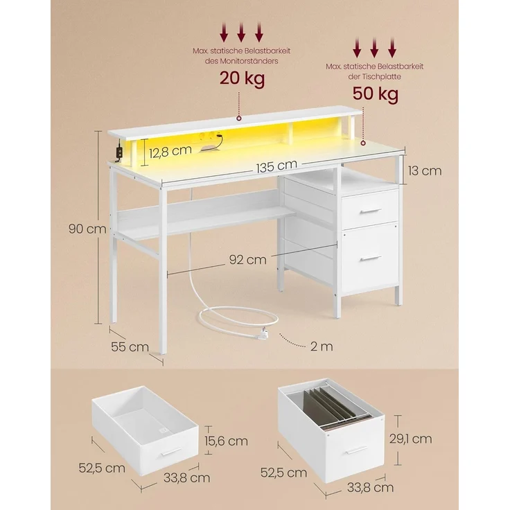 VASAGLE Schreibtisch mit Stoff-Schubladen, Computertisch mit Monitorständer, LED-Beleuchtung, 55 x 135 x 90 cm, eingebaute Steckdosen, 2 USB-A-Anschlüsse, für Homeoffice, ahornweiß LWD094W01 – Bild 5