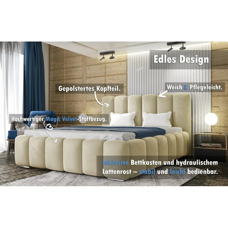 thematys Polsterbett mit Bettkasten & Lattenrost Stauraumbett 180x200cm, Samt, Beige – Bild 2