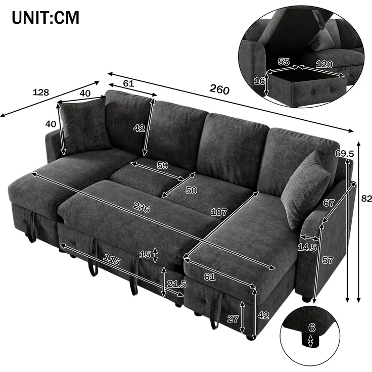 Merax U-Form Chenille Sofa mit Schlaffunktion, Schlafsofa mit 2 Stauraum-Chaiselongues, ausziehbares Schlafsofa mit 1× USB & 1× Type-C Ladeanschluss, mit 2 Kissen, Grau, 260×128×82 cm – Bild 4