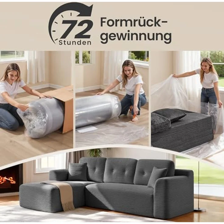 VASAGLE Ecksofa, modulares Sofa 244 cm breit, vakuumverpackt, Schlafsofa, Keine Montage erforderlich, mit großer Chaiselongue Links, für Wohnzimmer, Gästezimmer, schiefergrau LCS183GN01 – Bild 5