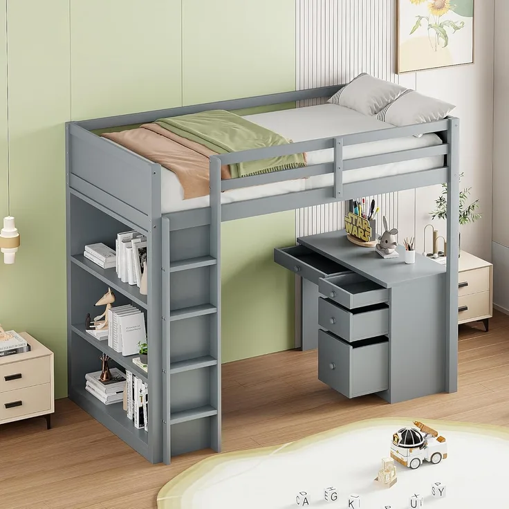 Ball & Cast Hochbett (90x200 cm) mit Aufbewahrungsschränken und Computertisch, Loft Bed mit Rausfallschutz, Einfach & Zeitsparend Montierbar, Grau